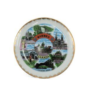 QUEBEC Canada Souvenir Plate Gold Rim and Scenic Landmarks Design Vintage